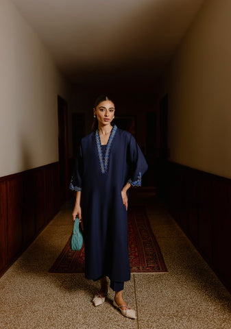 Navy Embroidered Kaftan Set